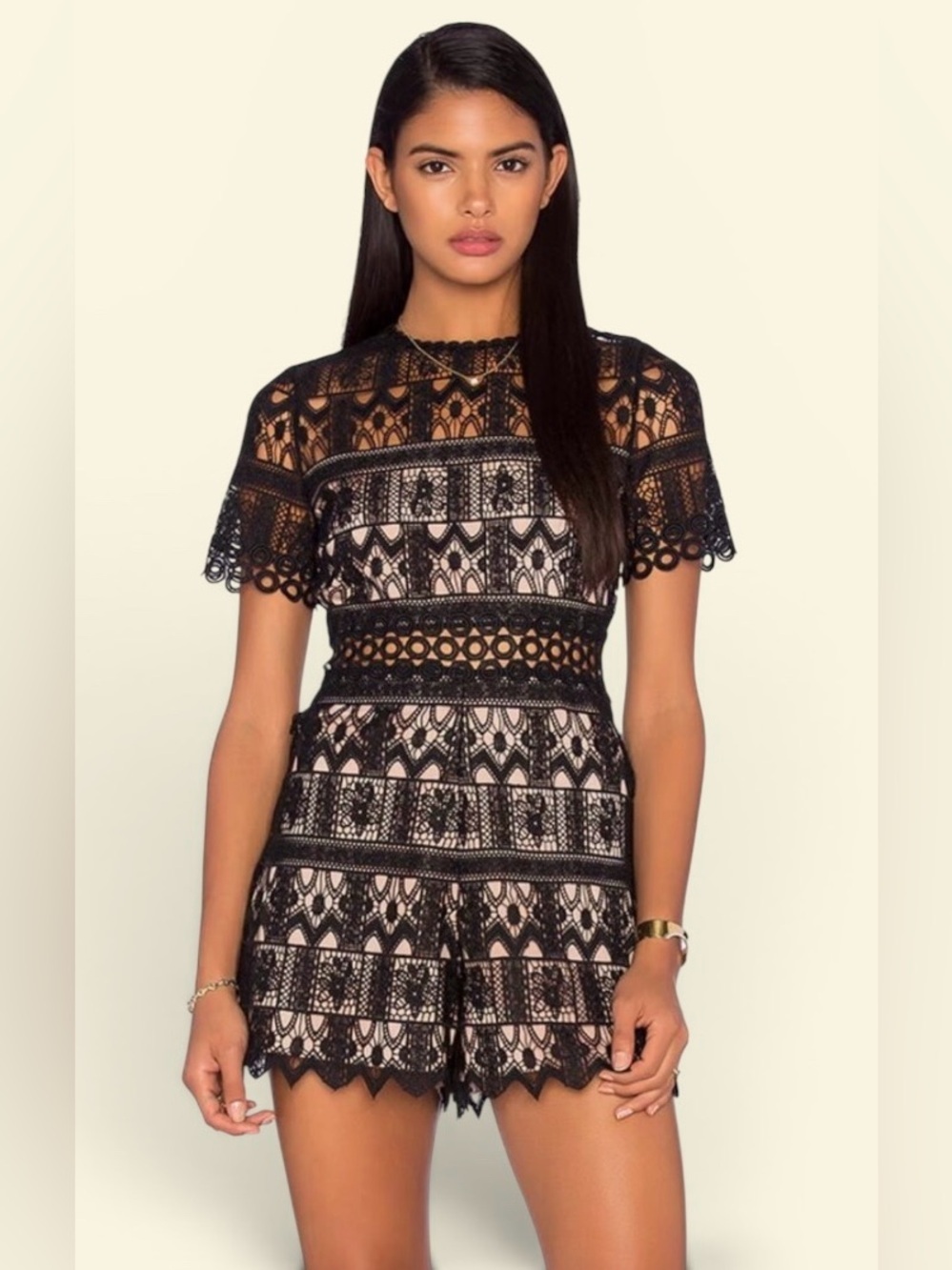 Alexis ALEXANDRIA SHORT-SLEEVE LACE ROMPER, BLACK SIZE MEDIUM